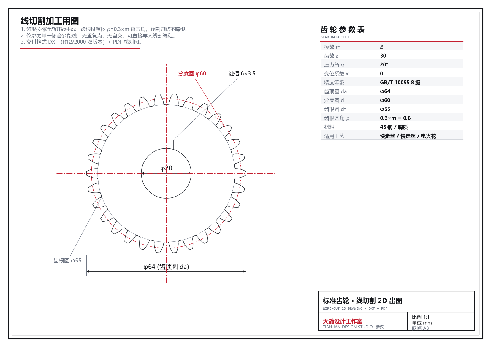 标准直齿圆柱齿轮线切割 2D 出图示例：模数2 齿数30 齿根圆角0.3模数